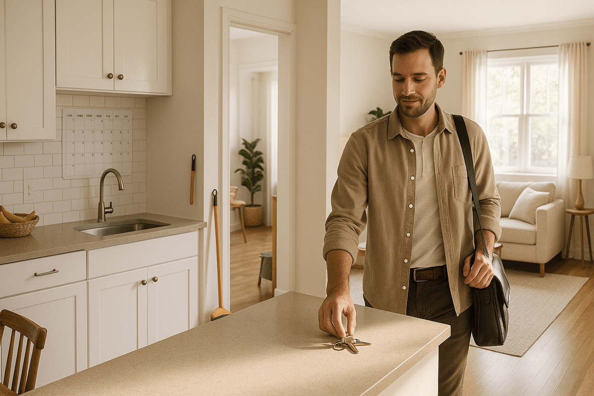 Tidy kitchen opening into a fresh living room in morning light, with clean counters, neat sofa, hidden cleaning tools, and an adult setting down keys. Warm, lived-in scene suggests how weekly cleaning saves time, reduces stress, and keeps home routines easy.