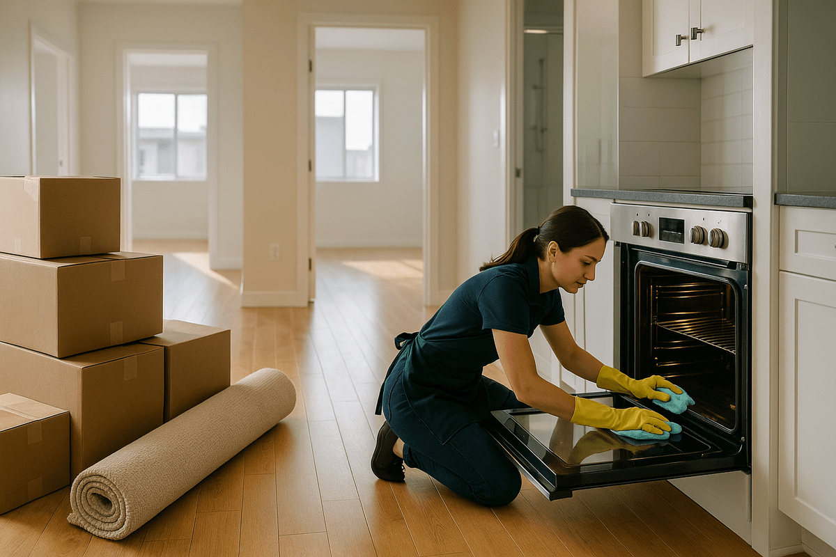 Professional cleaner wiping an open stainless-steel oven in an empty rental apartment, with moving boxes and a rolled rug near the doorway.