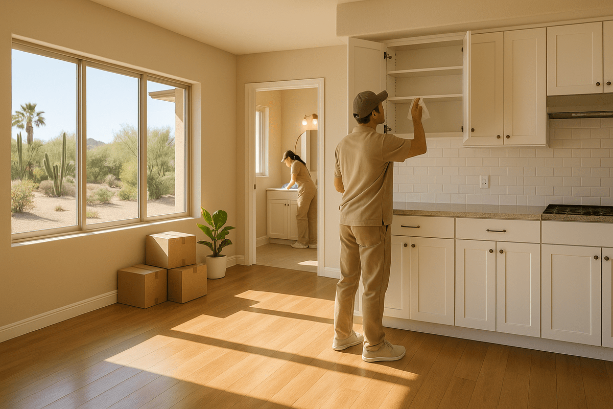 Professional cleaners prepare a bright Scottsdale home for move-out, wiping kitchen cabinets and refreshing a bathroom beside moving boxes.