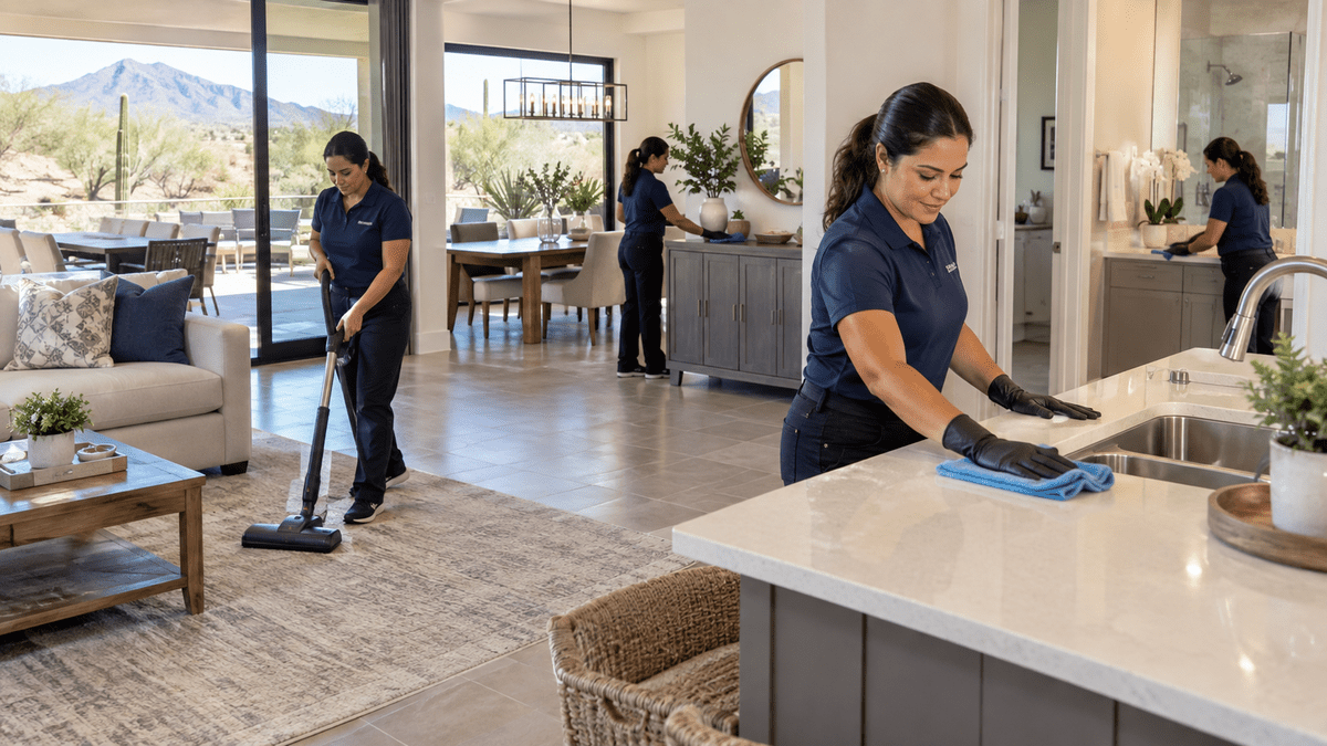 Modern Anthem home entryway, living room and kitchen with clean wood floors, tidy sofa, clear counters, empty sink and visible guest bathroom stocked with fresh towels and hand soap.