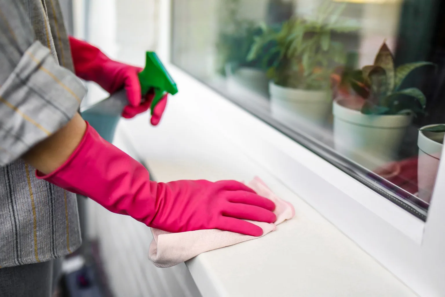 Gloved hand wiping a windowsill with spray cleaner