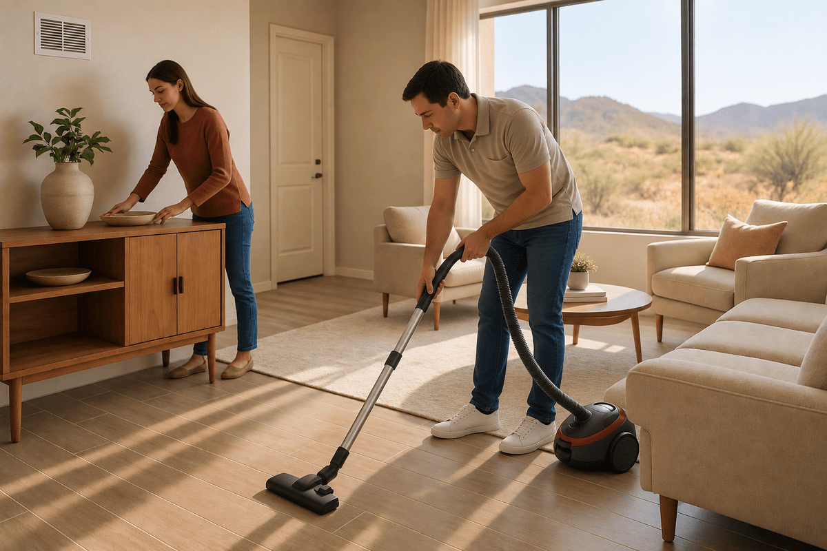 Homeowners vacuum the floor and wipe a wooden console in a bright Anthem, Arizona living room with desert-view windows, a clean HVAC vent on the wall.