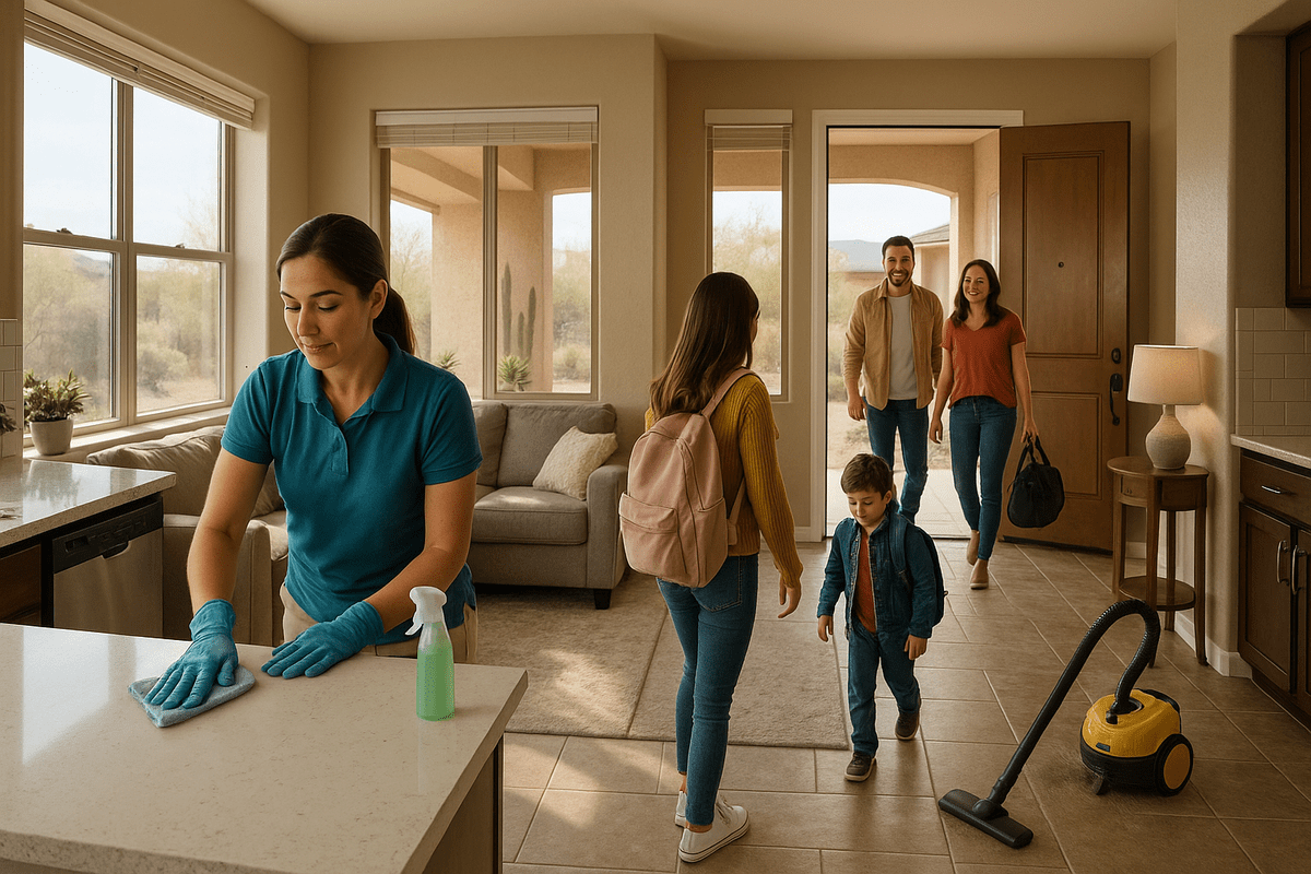 Busy family leaves a bright Anthem, Arizona home while a cleaning professional wipes kitchen surfaces and vacuums pet hair from tile floors, with desert landscape visible outside.