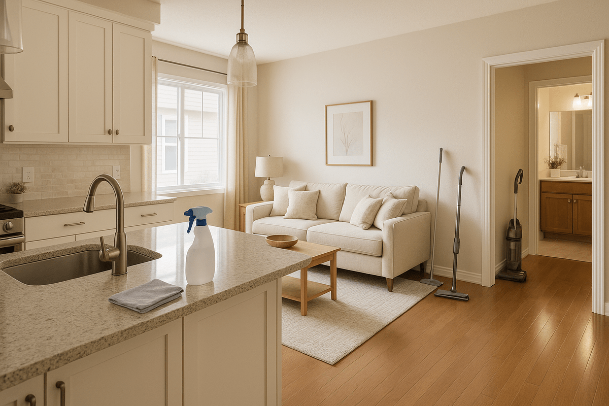 Bright Anthem home interior with spotless open kitchen and living area, clean counters, vacuumed rug, mopped hardwood floors, visible clean bathroom, and discreet cleaning tools.