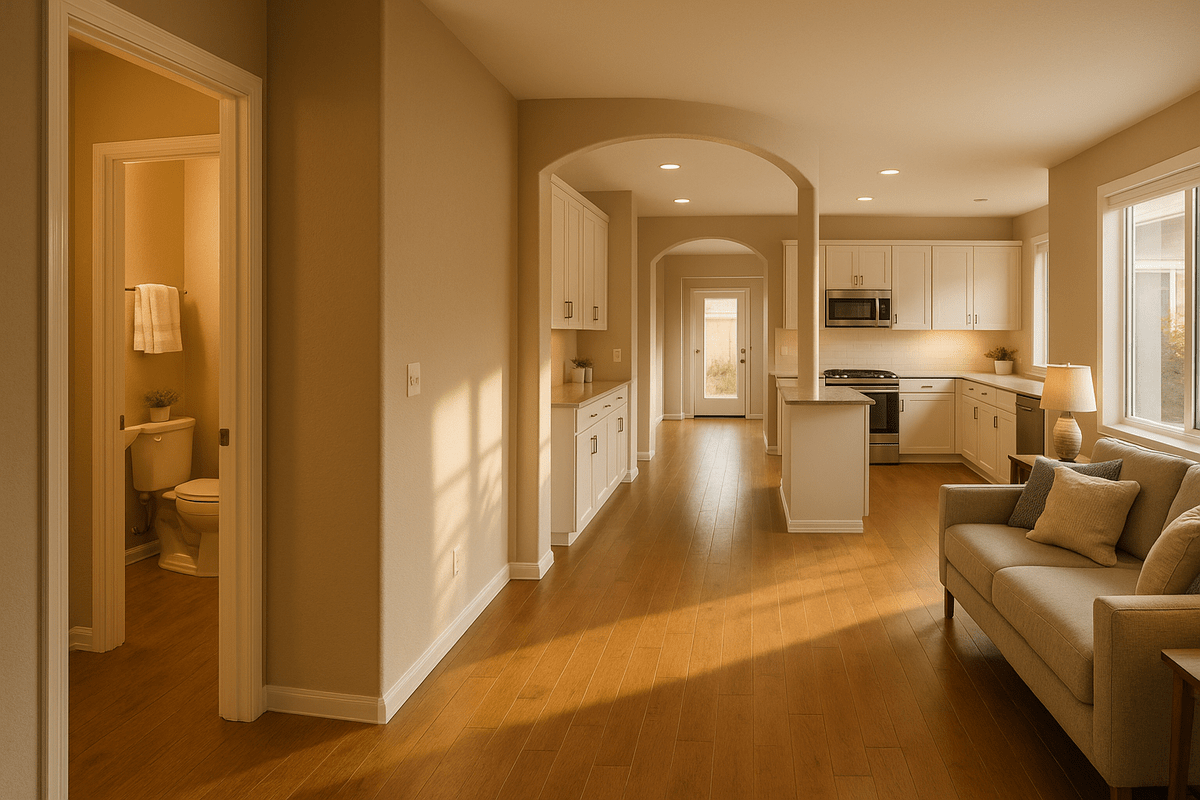 Modern Anthem home entryway, living room and kitchen with clean wood floors, tidy sofa, clear counters, empty sink and visible guest bathroom stocked with fresh towels and hand soap.