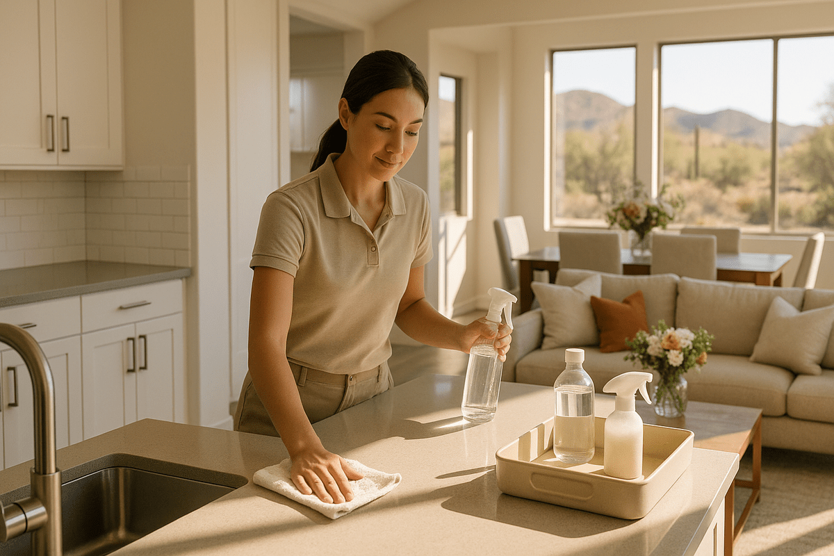 Professional cleaner wiping a sunlit kitchen island in a freshly reset modern Anthem home, with tidy supplies, guest-ready living spaces, and Arizona desert views through large windows.