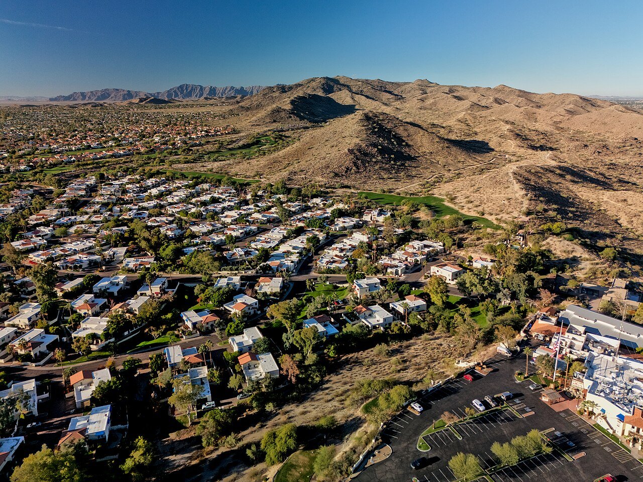 Aerial view of Ahwatukee neighborhoods and the South Mountain foothills in Phoenix, Arizona