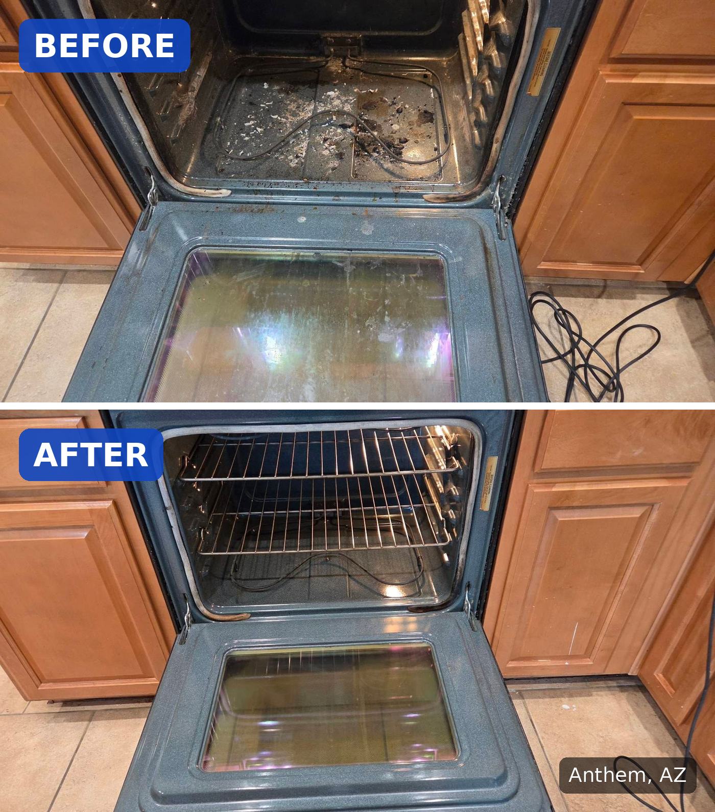 Before: Open oven with burnt-on debris on the floor and greasy door glass before cleaning in Anthem, AZ. After: Same oven with racks back in and a clean interior after cleaning in Anthem, AZ.