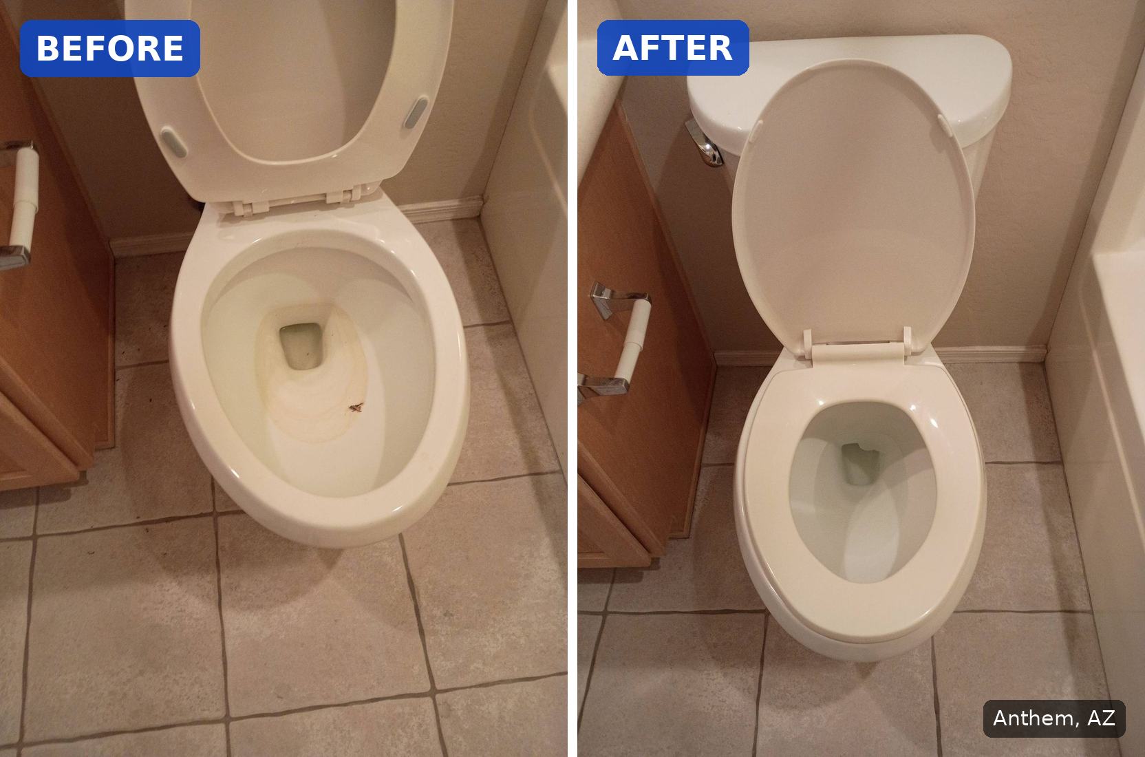 Before: Toilet bowl with a stain ring and debris before cleaning in Anthem, AZ. After: Same toilet with a clean bowl and floor after cleaning in Anthem, AZ.