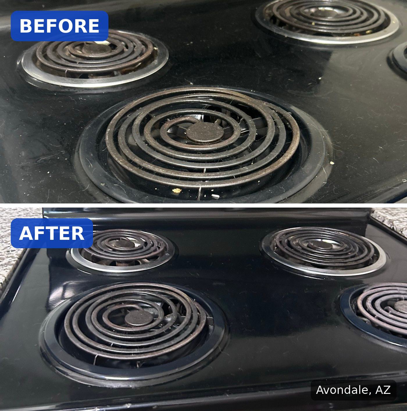 Before: Electric stovetop covered in crumbs, dust and smears before a cleaning in Avondale, AZ. After: Same electric stovetop clean and shiny after a cleaning in Avondale, AZ.