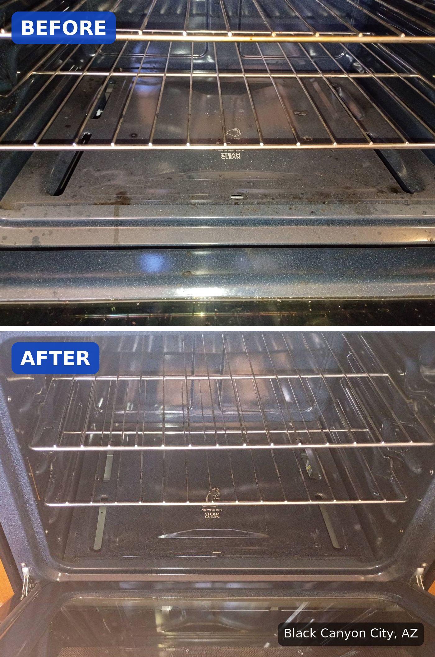 Before: Oven floor with brown grease spots and residue before a cleaning in Black Canyon City, AZ. After: Same oven with a clean floor and racks after a cleaning in Black Canyon City, AZ.