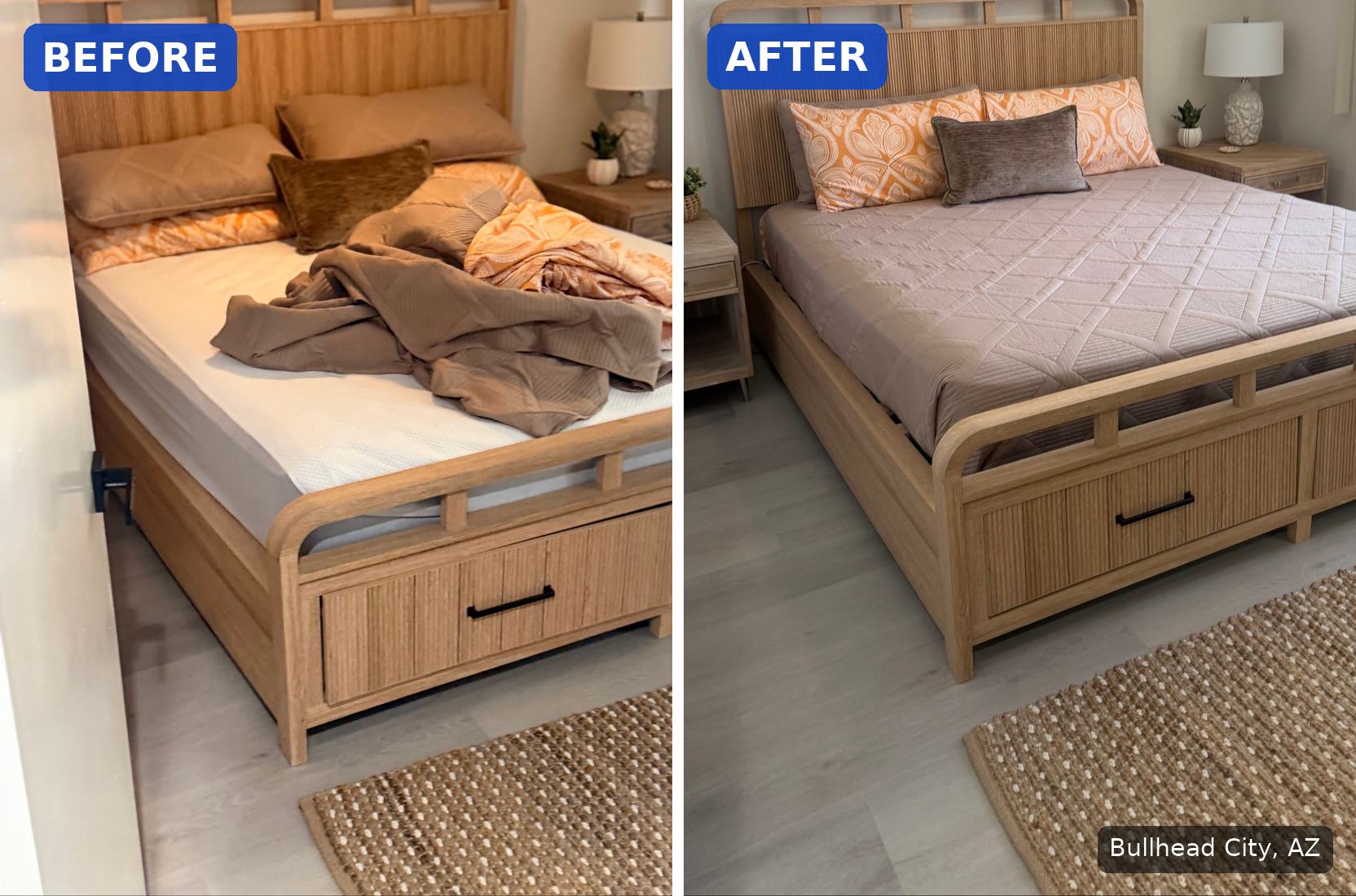 Before: Unmade bed with rumpled bedding and a bare mattress pad before a cleaning in Bullhead City, AZ. After: Same bed neatly made with pillows arranged and the bedroom tidied after a cleaning in Bullhead City, AZ.