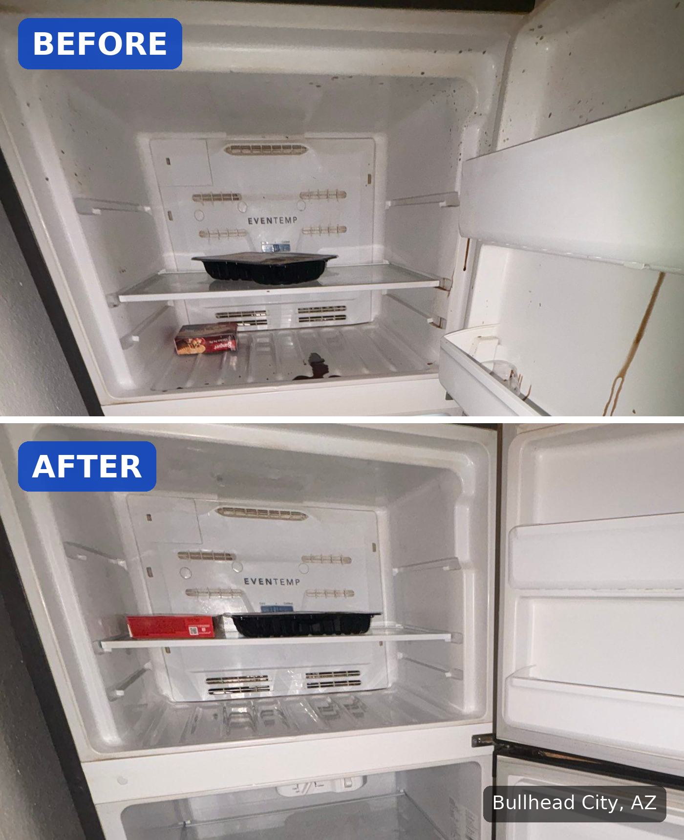 Before: Freezer with brown drips down the door and spatter on the walls before a cleaning in Bullhead City, AZ. After: Same freezer clean after a cleaning in Bullhead City, AZ.