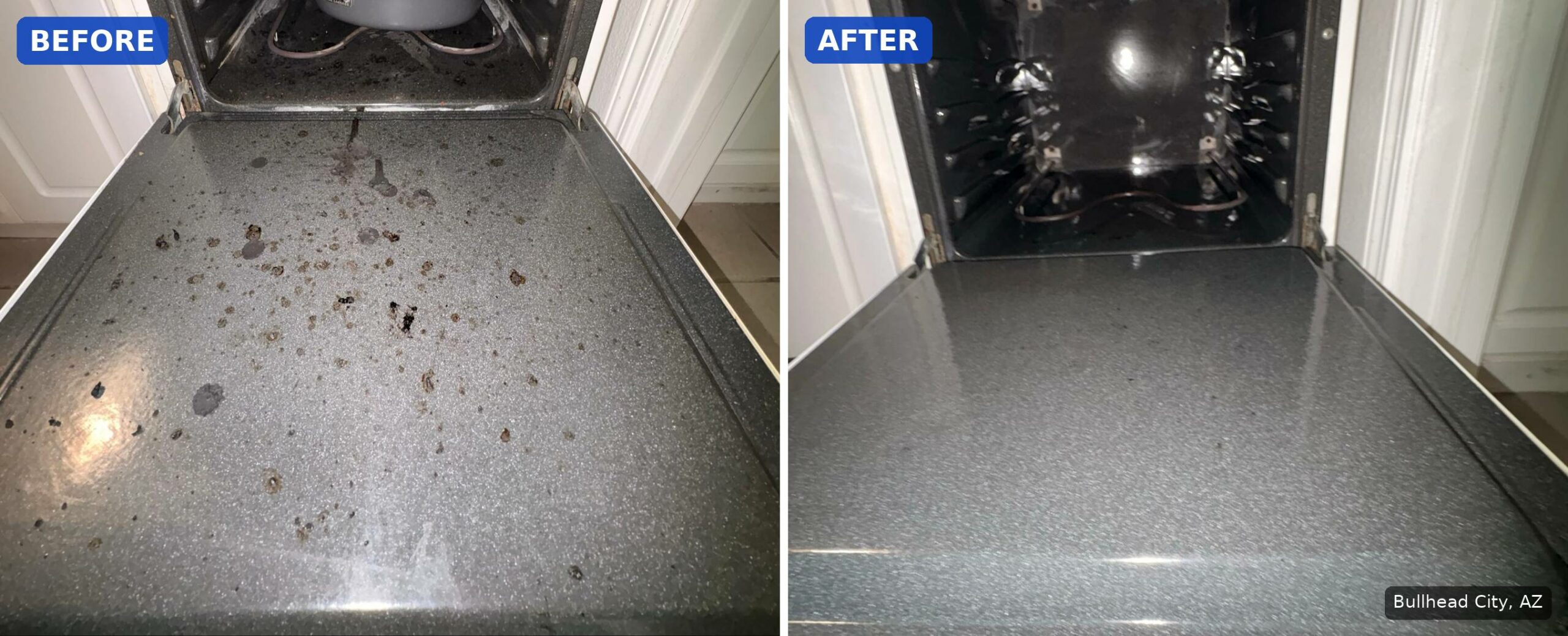 Before: Inside of an oven door covered in burnt food drips and crumbs before a cleaning in Bullhead City, AZ. After: Same oven door clean and shiny after a cleaning in Bullhead City, AZ.