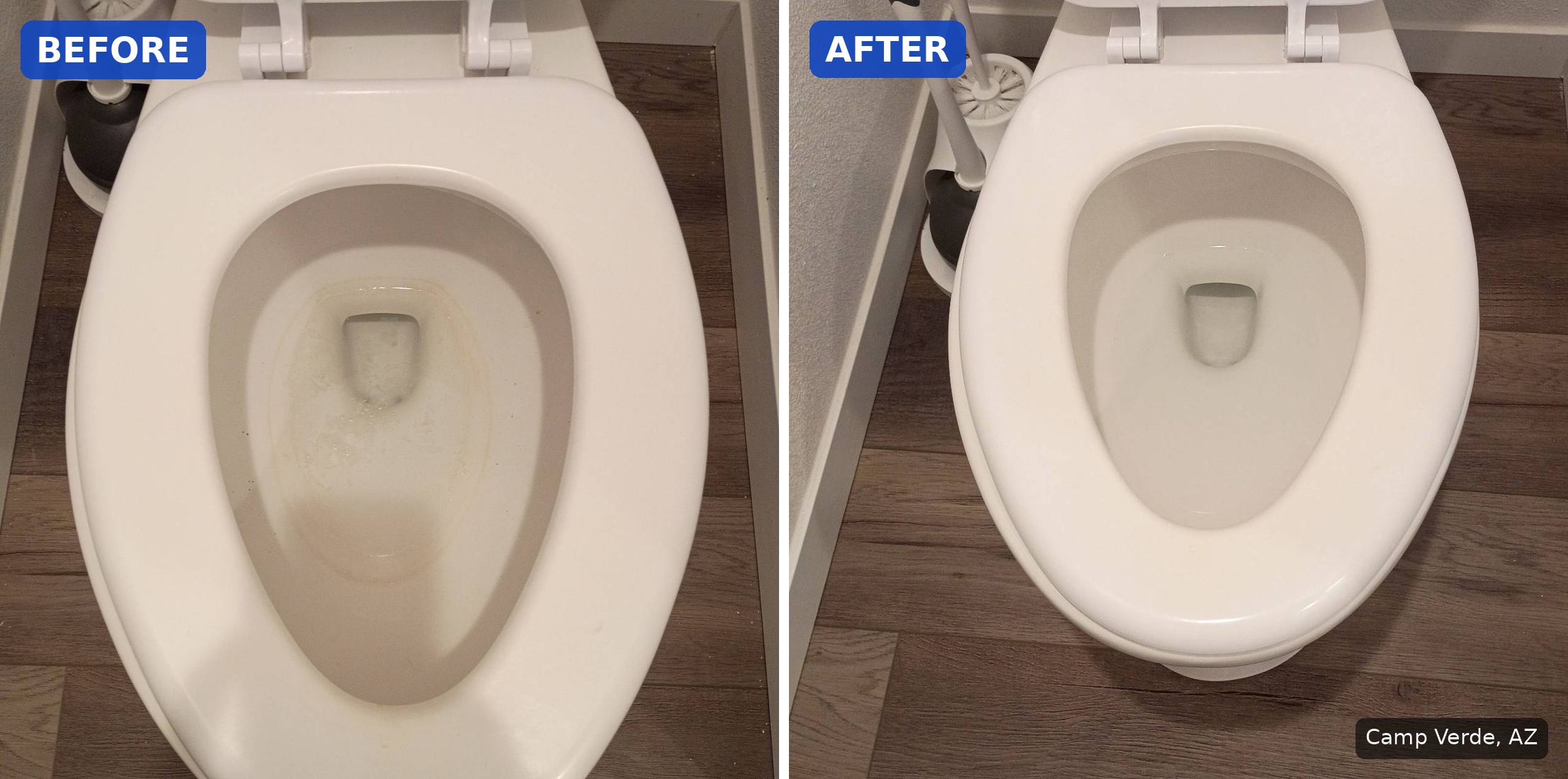 Before: Toilet bowl with a grime ring before a cleaning in Camp Verde, AZ. After: Same toilet bowl clean and white after a cleaning in Camp Verde, AZ.
