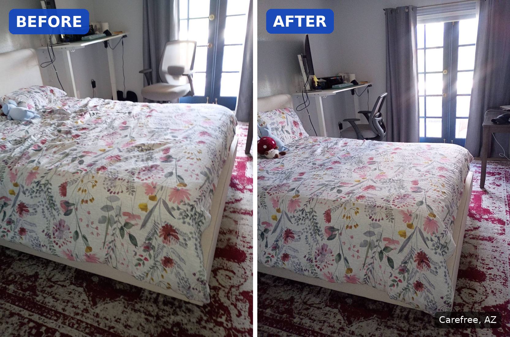 Before: Bed with a rumpled floral duvet before a house cleaning in Carefree, AZ. After: Same bed made with a smooth floral duvet after a house cleaning in Carefree, AZ.