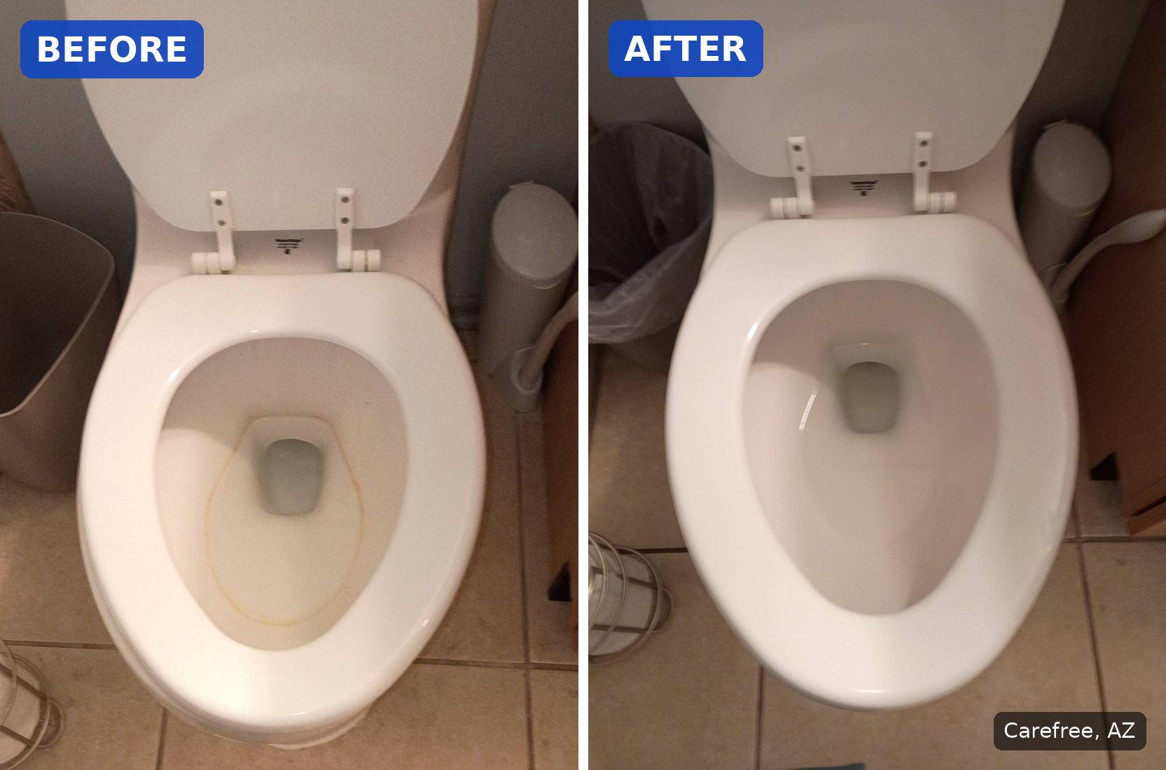 Before: Toilet bowl with an orange stain ring before cleaning in Carefree, AZ. After: Same toilet with a clean white bowl after cleaning in Carefree, AZ.