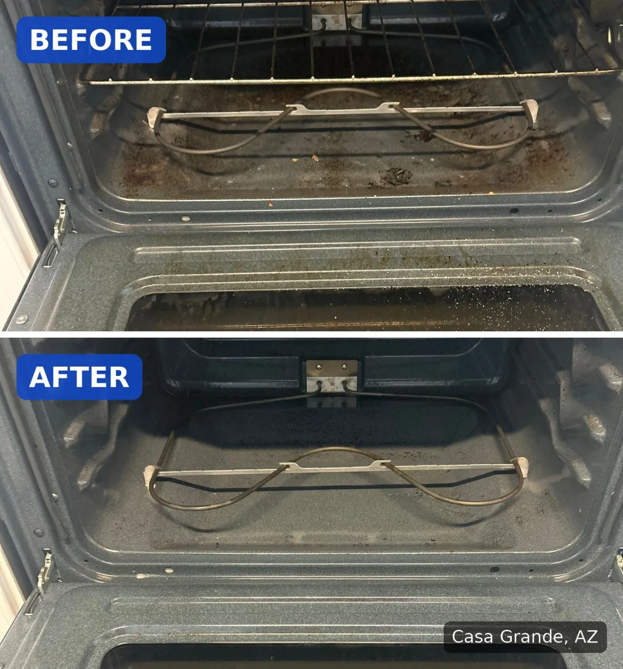 Before: Oven floor with burnt grease and crumbs before a cleaning in Casa Grande, AZ. After: Same oven floor clean after a cleaning in Casa Grande, AZ.
