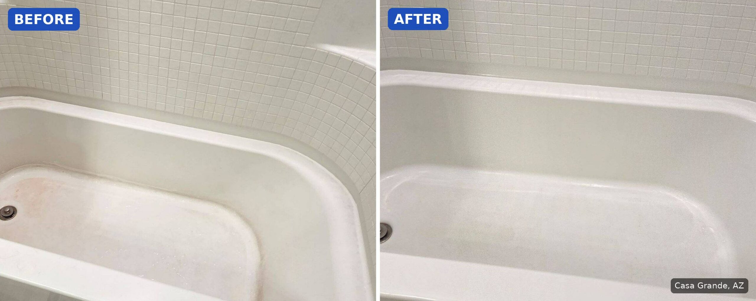Before: Bathtub with pink stains and soap scum before a cleaning in Casa Grande, AZ. After: Same bathtub clean and white after a cleaning in Casa Grande, AZ.
