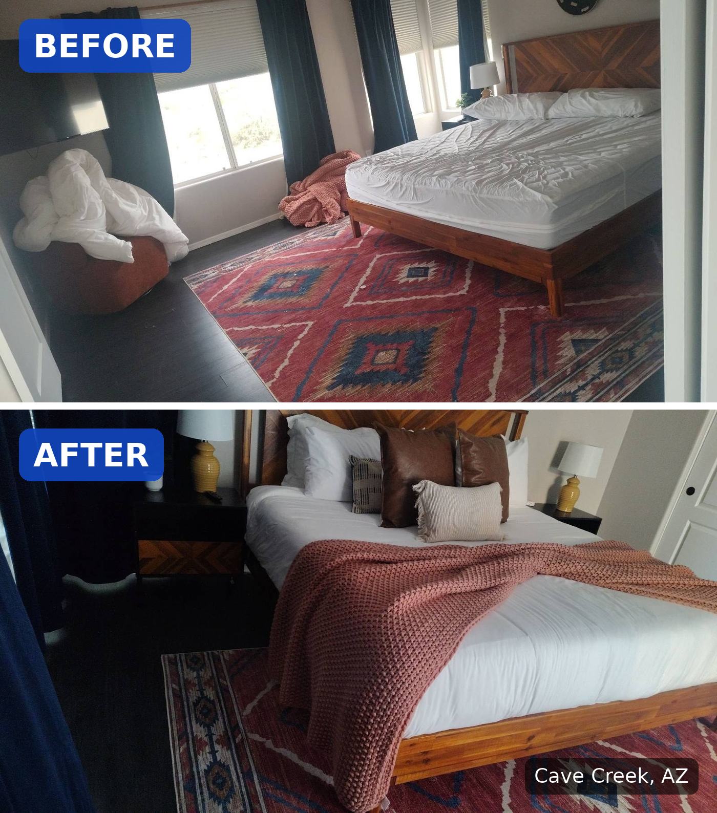 Before: Stripped bed with bedding piled on a pouf before a cleaning in Cave Creek, AZ. After: Same bed made with white linens, pillows, and a knit throw after a cleaning in Cave Creek, AZ.