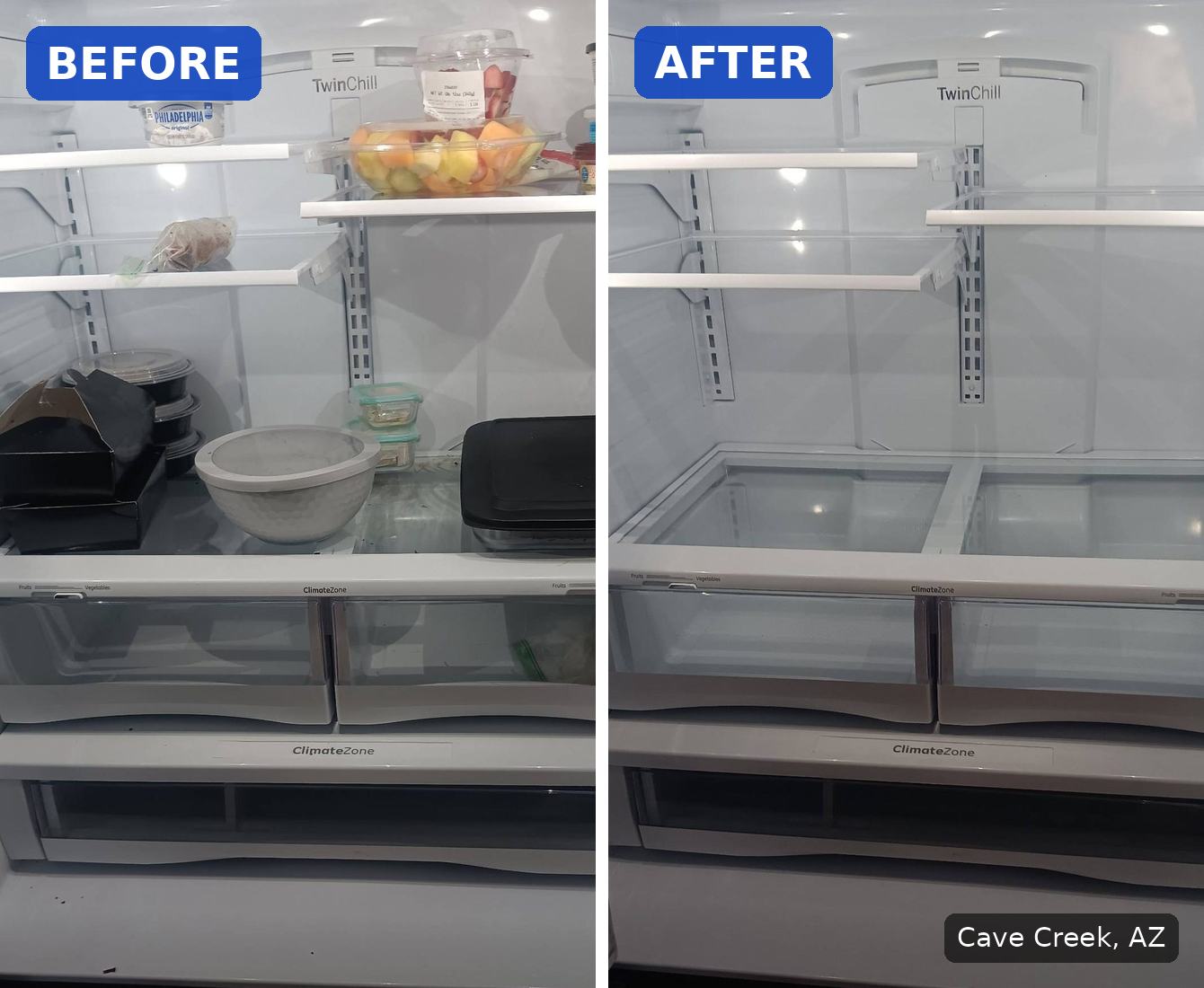Before: Fridge shelves with leftover food and crumbs before a cleaning in Cave Creek, AZ. After: Same fridge empty and clean after a cleaning in Cave Creek, AZ.