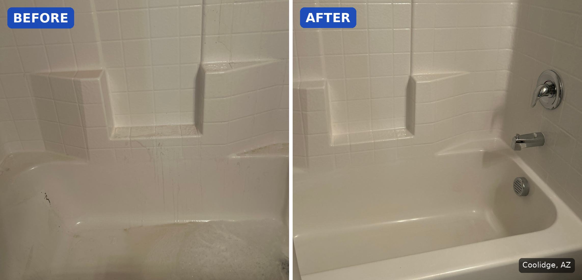 Before: Bathtub with drip streaks on the wall and grime on the tub floor before a cleaning in Coolidge, AZ. After: Same bathtub and shower wall clean after a cleaning in Coolidge, AZ.