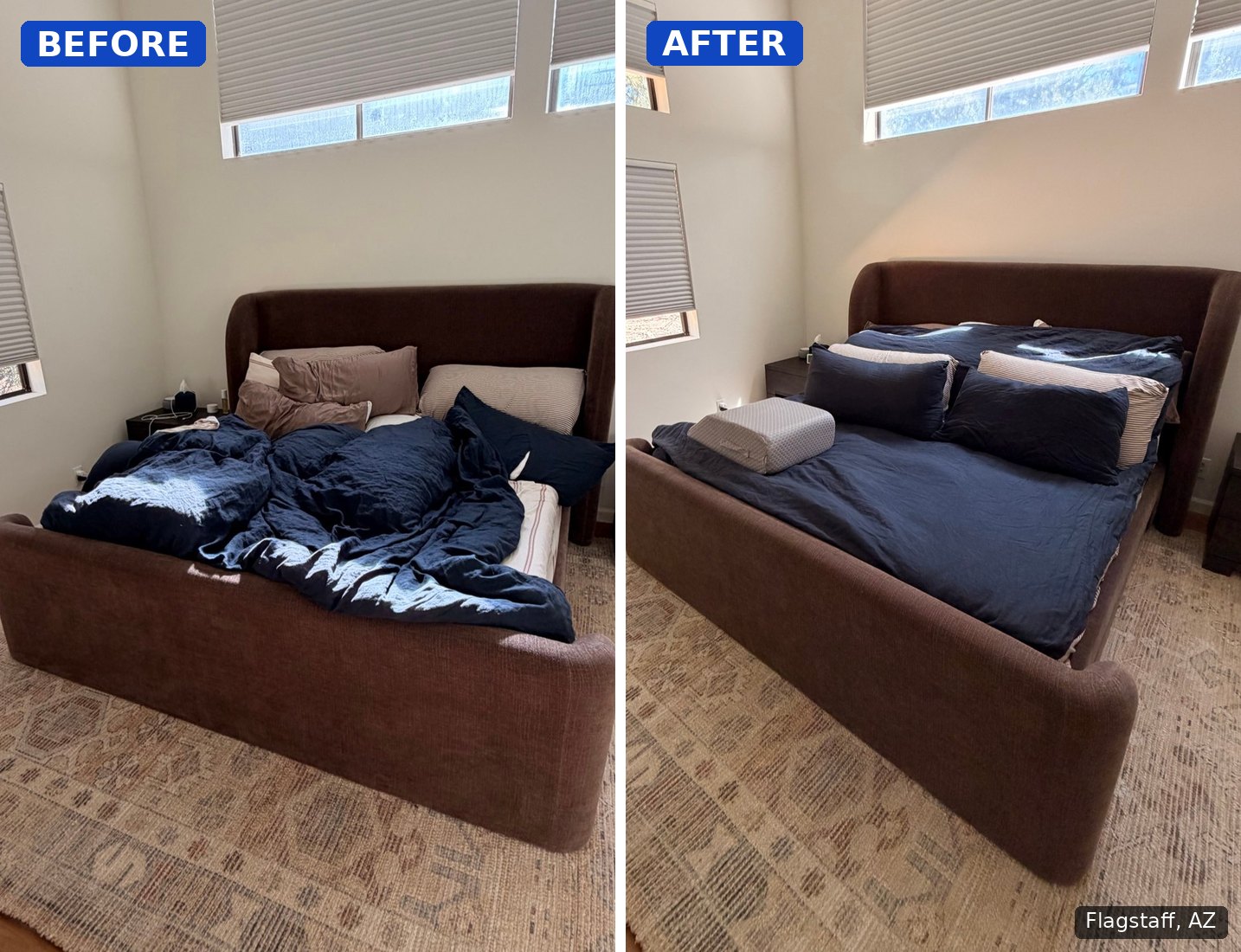 Before: Unmade bed with a rumpled navy duvet in a bright bedroom before a cleaning in Flagstaff, AZ. After: Same bed made with smooth navy bedding and stacked pillows after a cleaning in Flagstaff, AZ.