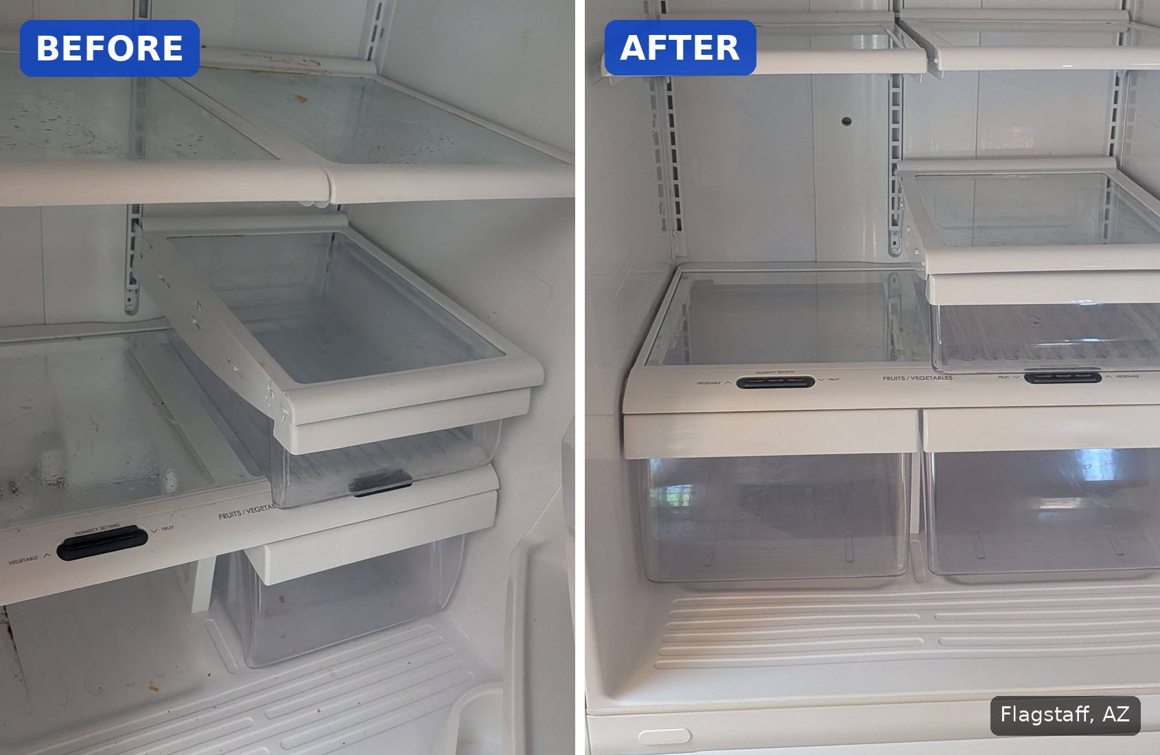 Before: Refrigerator shelves and drawers with dried spills, spots and crumbs before a cleaning in Flagstaff, AZ. After: Same refrigerator shelves and drawers clean after a cleaning in Flagstaff, AZ.
