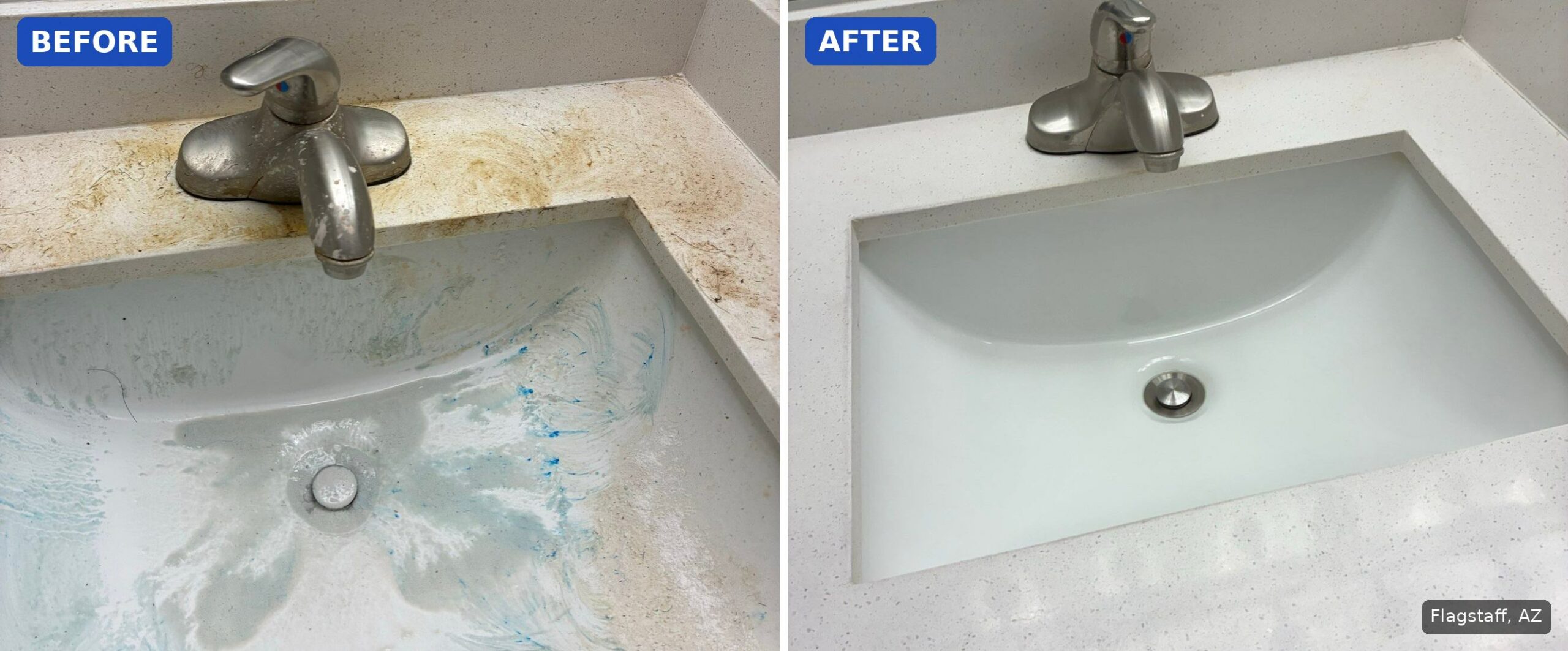 Before: Bathroom sink and faucet with orange stains on the counter and scale on the faucet before a cleaning in Flagstaff, AZ. After: Same bathroom sink and faucet clean and bright after a cleaning in Flagstaff, AZ.