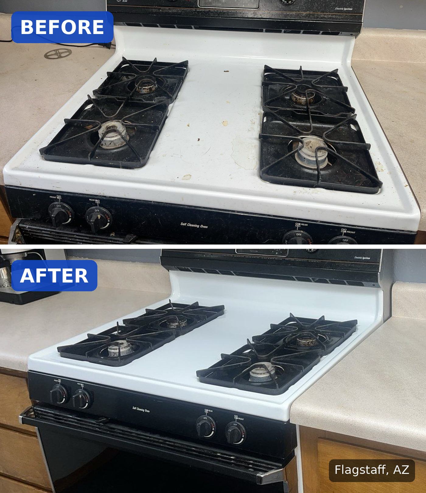 Before: Gas stovetop with crumbs, food spots and dusty grates before a cleaning in Flagstaff, AZ. After: Same gas stovetop with a clean white top and grates after a cleaning in Flagstaff, AZ.