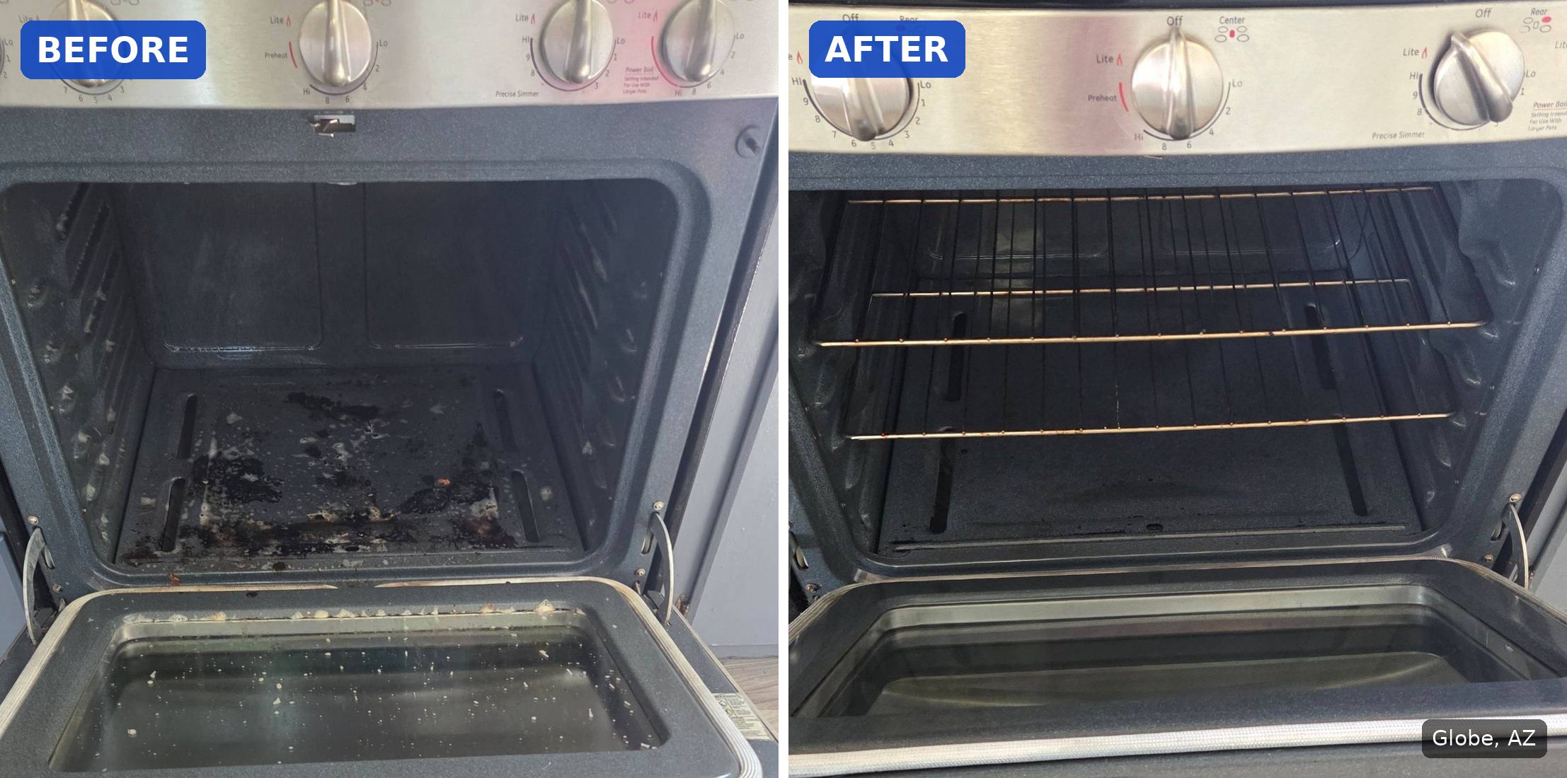 Before: Oven floor covered in burnt-on food and grease, with crumbs on the door glass, before a cleaning in Globe, AZ. After: Same oven clean inside with the racks back in after a cleaning in Globe, AZ.