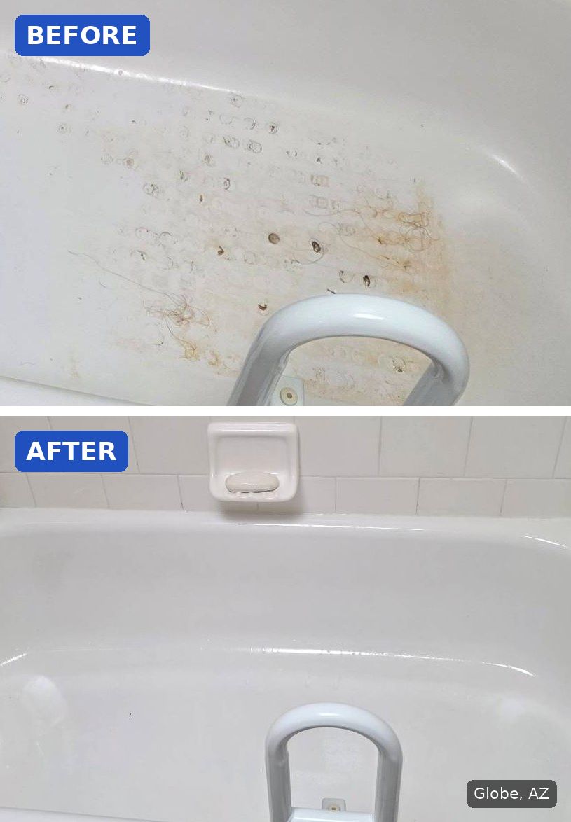 Before: Bathtub floor with orange-brown stains and hair before a cleaning in Globe, AZ. After: Same bathtub clean and white after a cleaning in Globe, AZ.