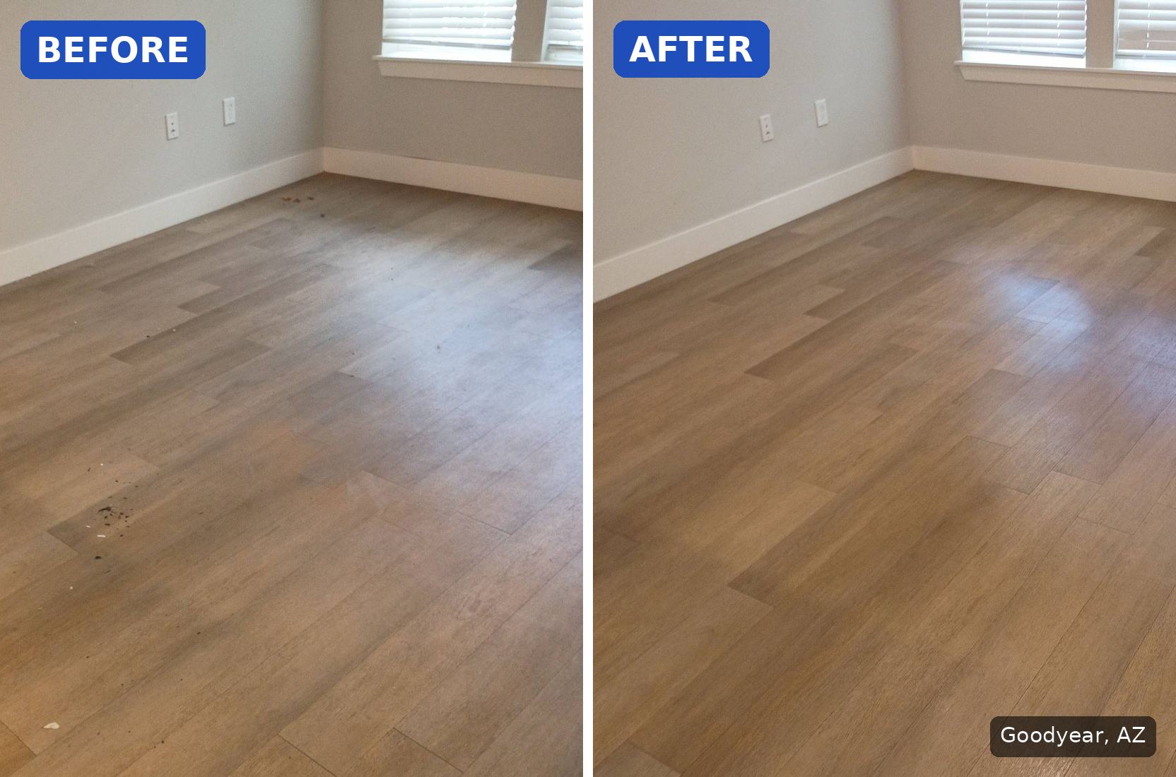 Before: Dusty plank floor with dirt and debris before a cleaning in Goodyear, AZ. After: Same plank floor clean and shiny after a cleaning in Goodyear, AZ.