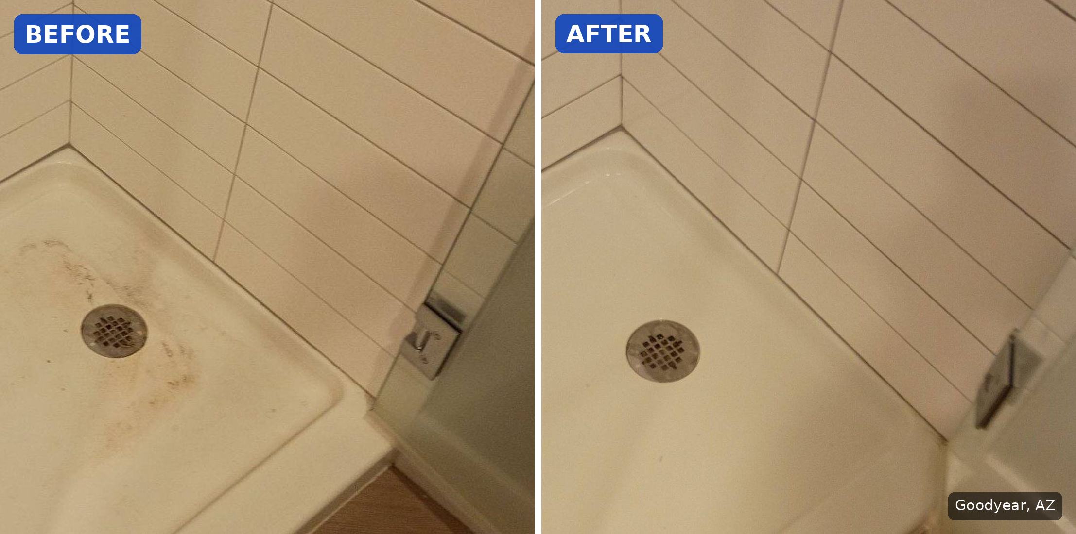 Before: Shower pan with brown stains around the drain before a cleaning in Goodyear, AZ. After: Same shower pan clean and white after a cleaning in Goodyear, AZ.