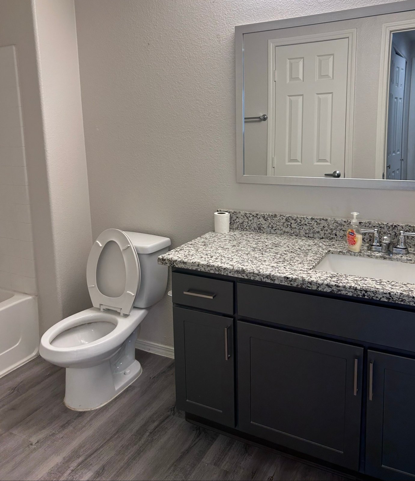 Clean bathroom with toilet, granite vanity and dark cabinets after a cleaning in Avondale, AZ