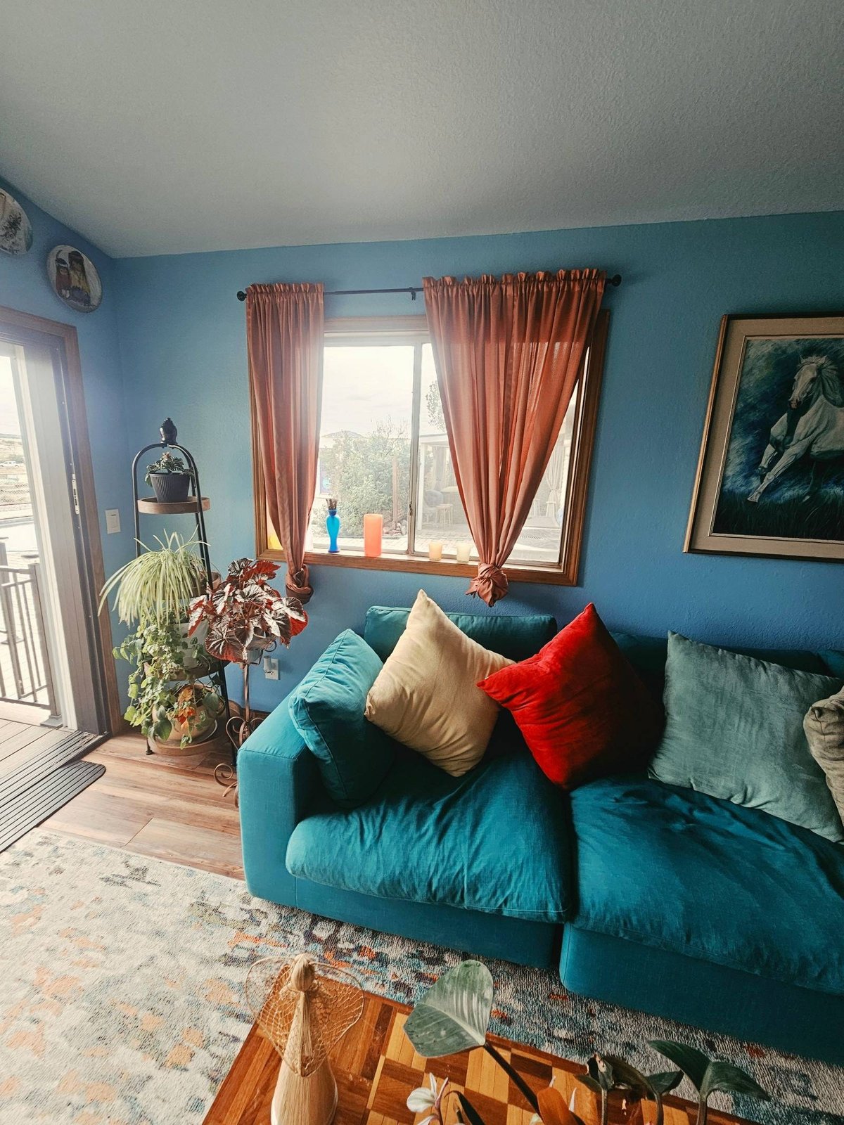 Tidy living room with teal sofa and area rug after a house cleaning in Chino Valley, AZ