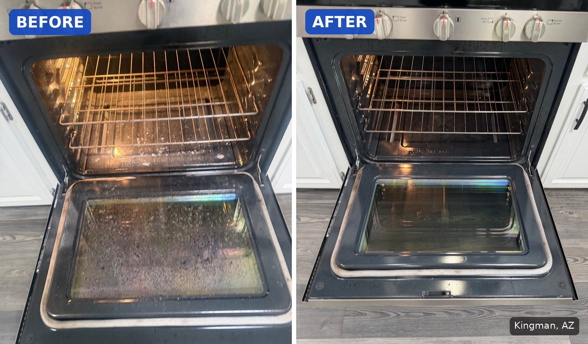 Before: Open oven with burnt-on grease spatter on the door window and residue on the oven floor before a cleaning in Kingman, AZ. After: Same open oven with clear door glass and a clean interior after a cleaning in Kingman, AZ.