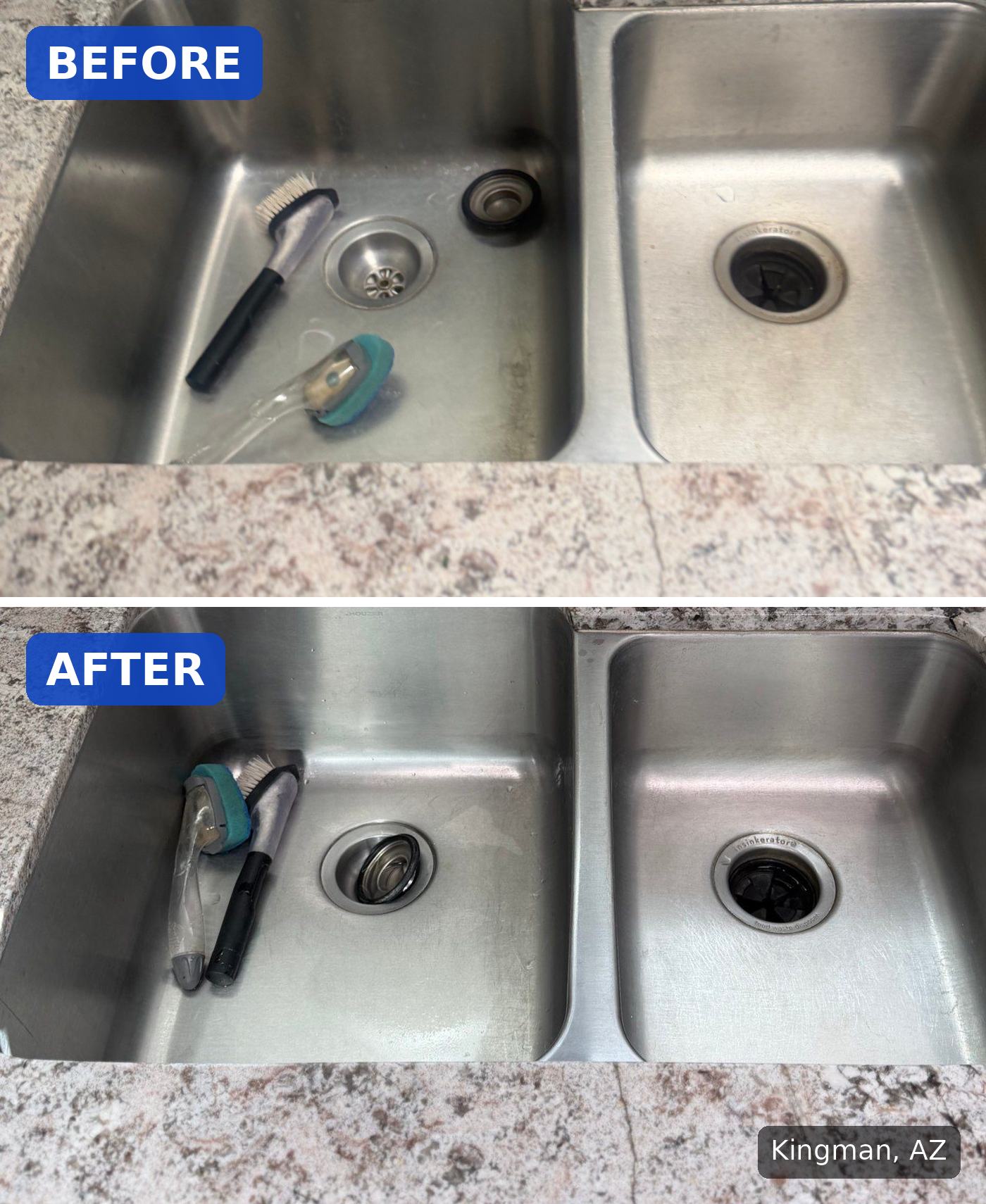 Before: Stainless double sink with water spots and dark residue before a cleaning in Kingman, AZ. After: Same stainless double sink shiny and clean after a cleaning in Kingman, AZ.