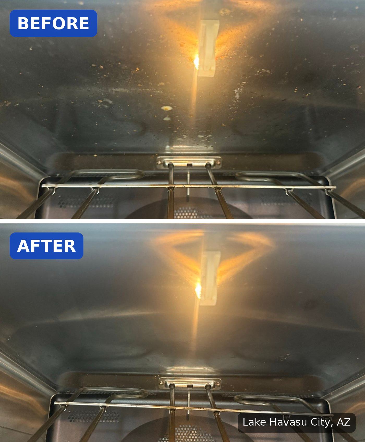 Before: Inside of a built-in microwave with grease spatter on the ceiling before a cleaning in Lake Havasu City, AZ. After: Same microwave interior clean after a cleaning in Lake Havasu City, AZ.