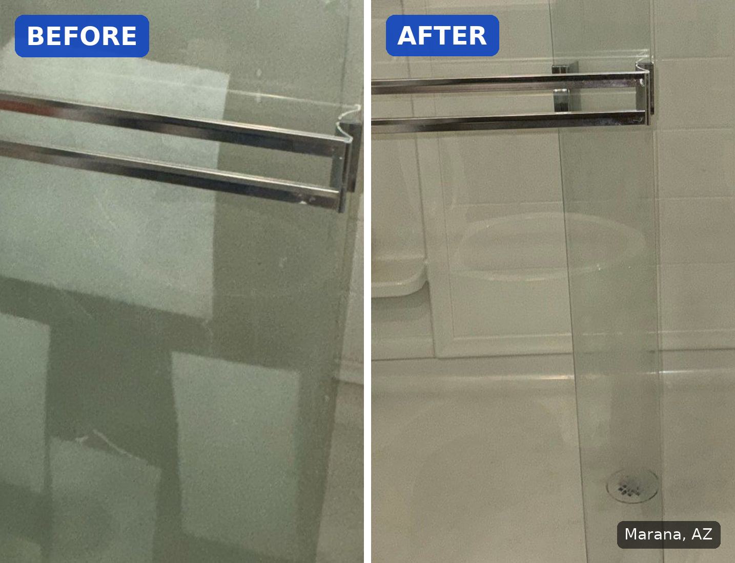 Before: Shower door glass cloudy with hard water and soap scum before a cleaning in Marana, AZ. After: Same shower door with clear glass after a cleaning in Marana, AZ.