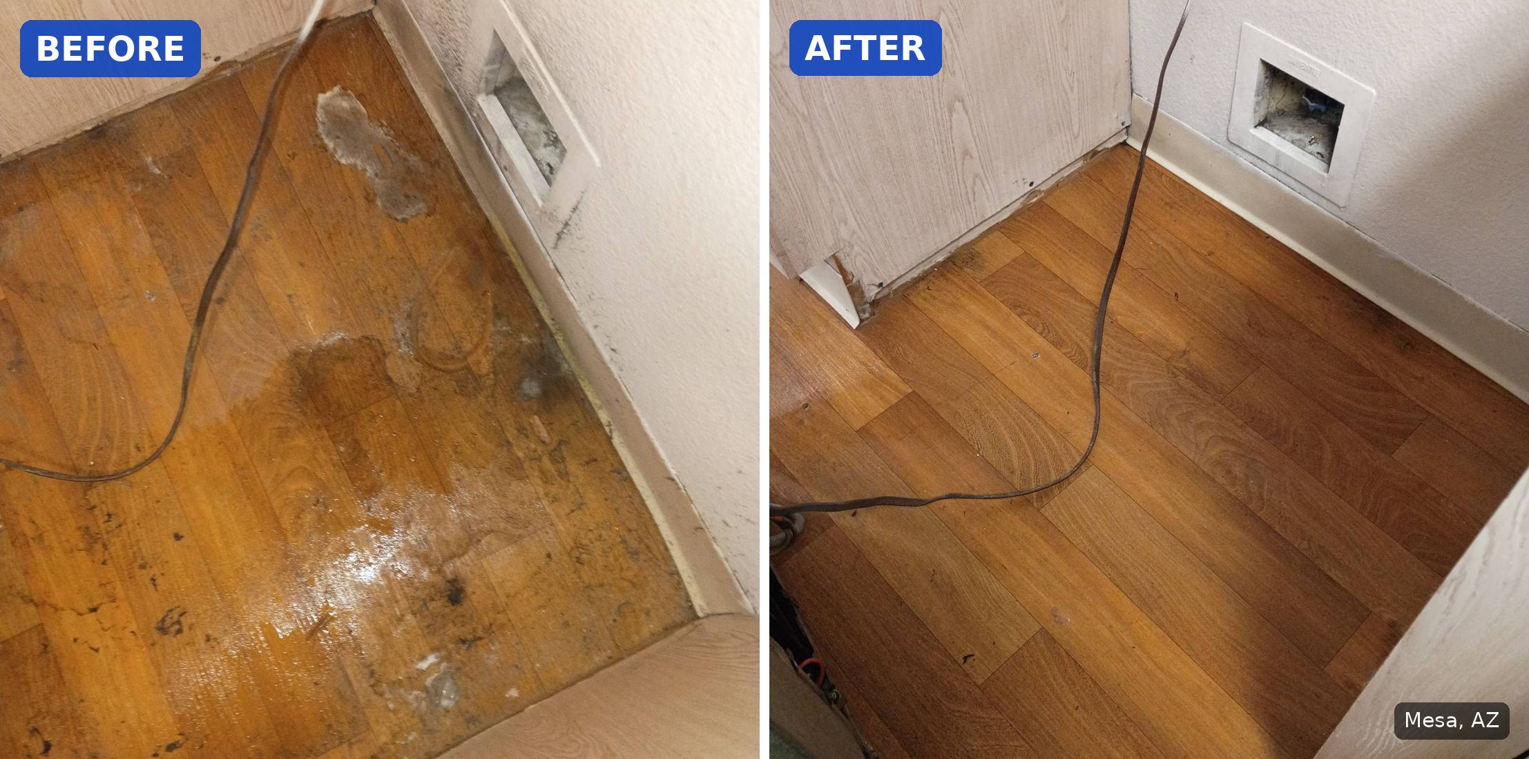 Before: Laundry closet floor with grime, lint, and water stains before cleaning in Mesa, AZ. After: Same laundry closet floor wiped clean after a move-out cleaning in Mesa, AZ.