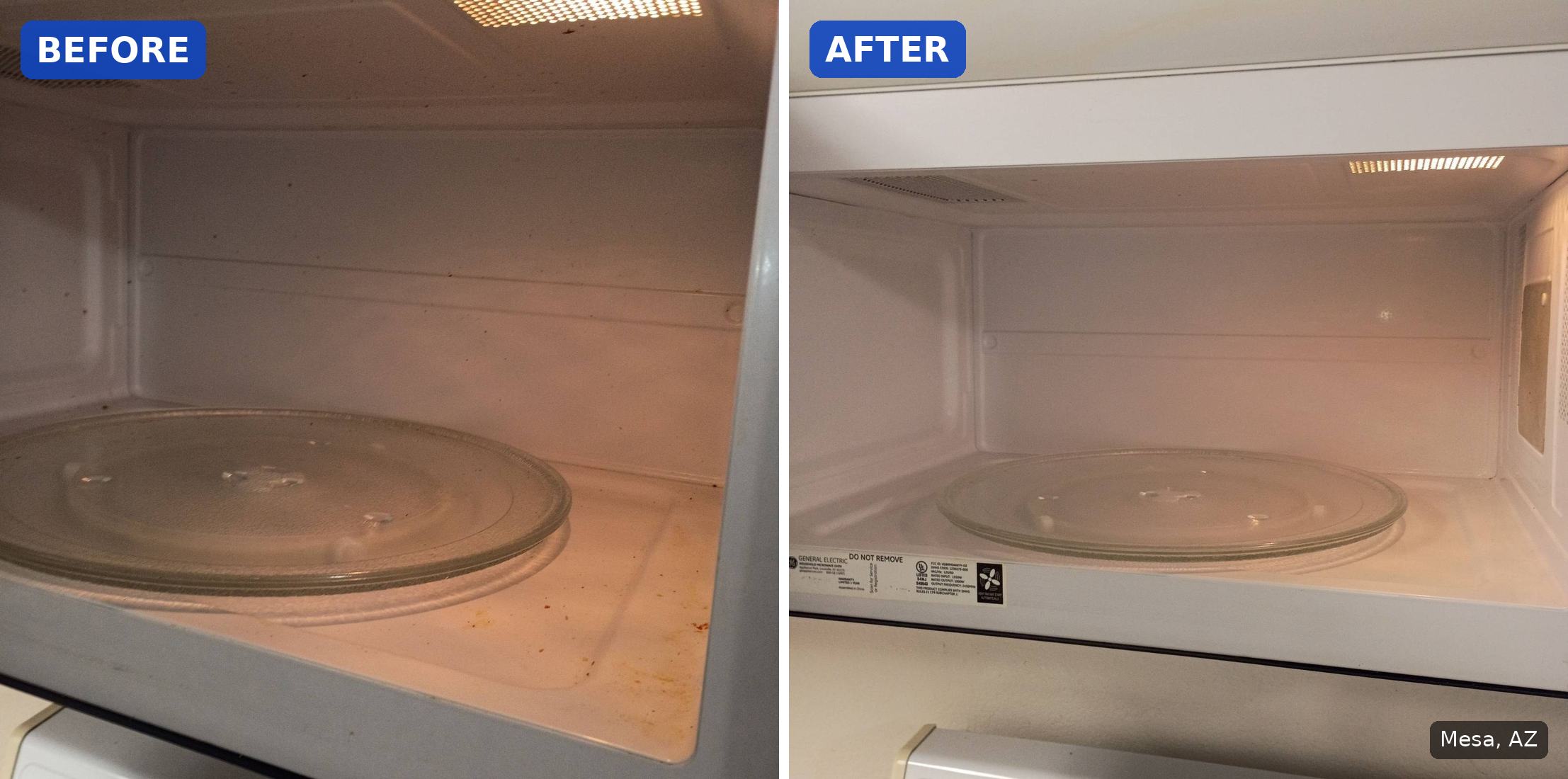 Before: Microwave interior with food splatter before a move-out cleaning in Mesa, AZ. After: Same microwave clean inside after a move-out cleaning in Mesa, AZ.