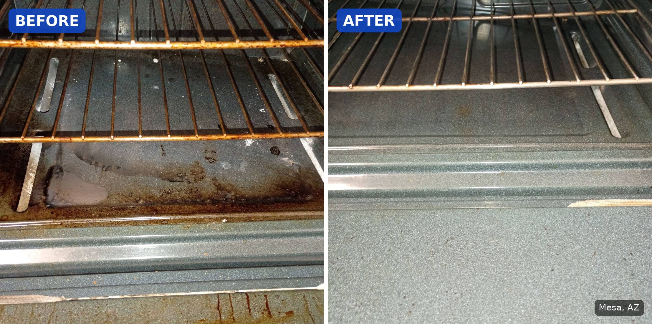 Before: Oven floor covered in burnt-on grease before a move-out cleaning in Mesa, AZ. After: Same oven floor scrubbed clean after a move-out cleaning in Mesa, AZ.