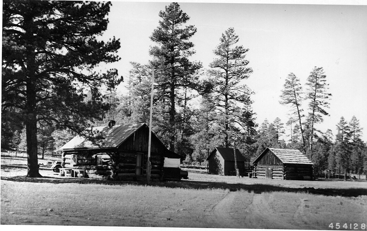 Black and white 1932 photo of log cabins among ponderosa pines at Munds Park, Arizona