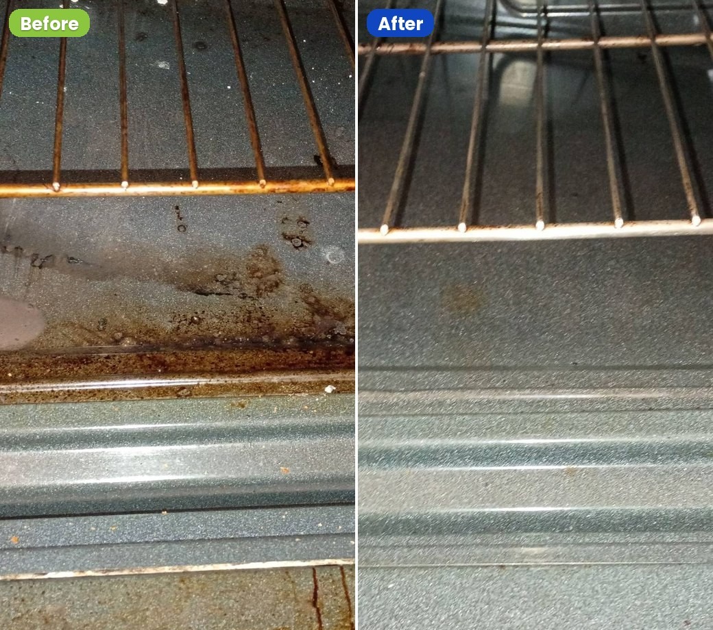Oven floor and racks before and after an oven cleaning in Mesa, AZ