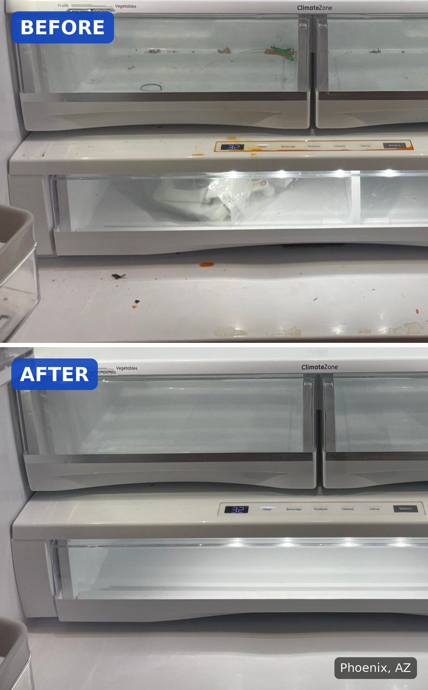 Before: Refrigerator crisper drawers and floor with crumbs and spills before a cleaning in Phoenix, AZ. After: Same refrigerator drawers and floor clean and clear after a cleaning in Phoenix, AZ.