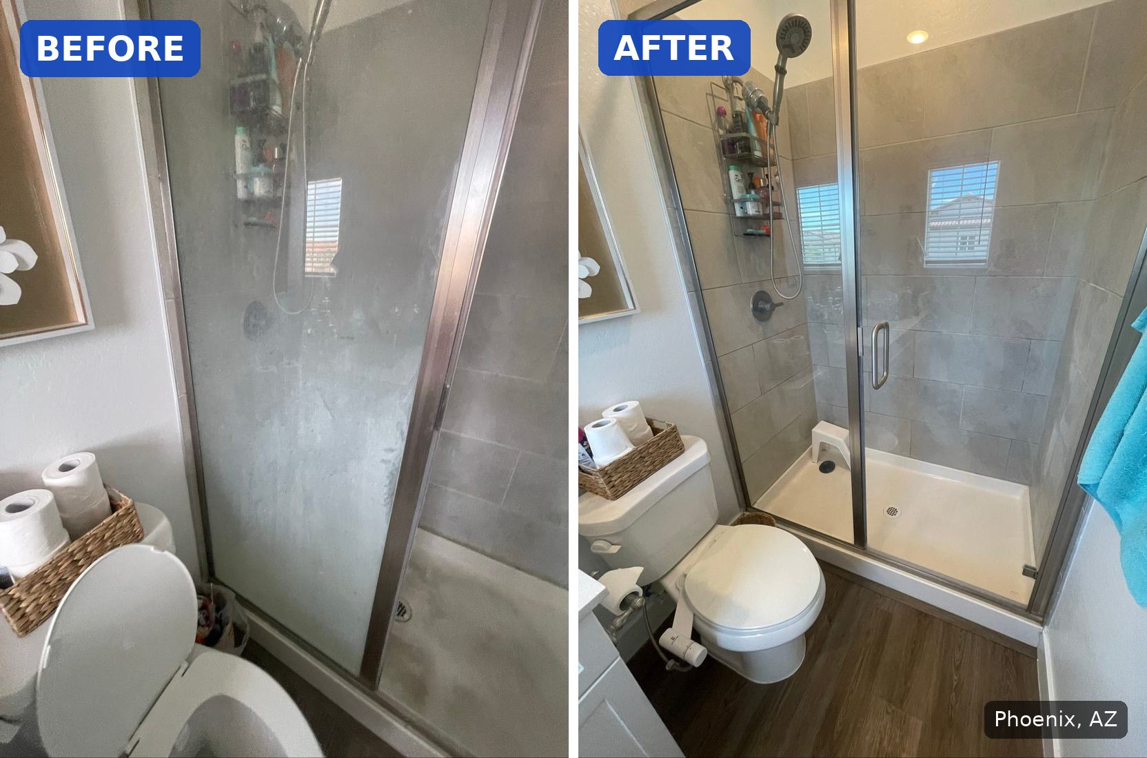 Before: Shower glass clouded with hard water spots and soap film before cleaning in Phoenix, AZ. After: Same walk-in shower with clear glass after cleaning in Phoenix, AZ.