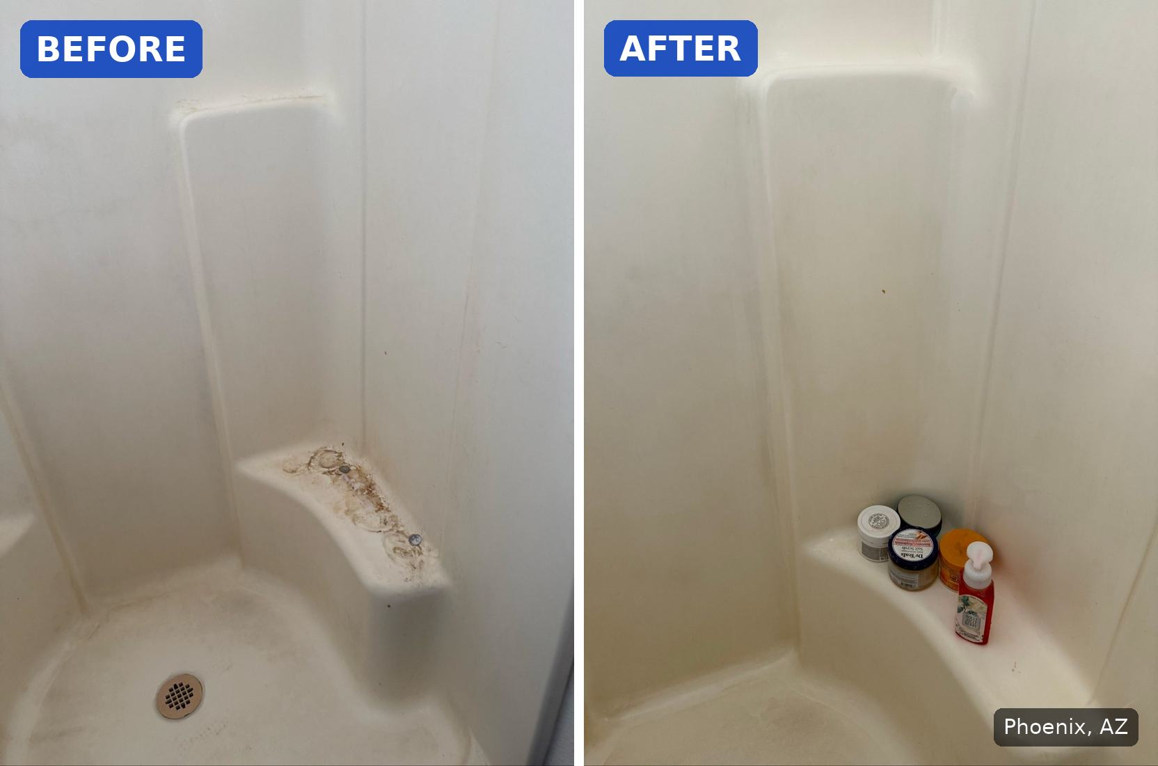 Before: Shower corner bench with a brown rust and grime ring before cleaning in Phoenix, AZ. After: Same shower bench clean and white with bath products set back on it in Phoenix, AZ.