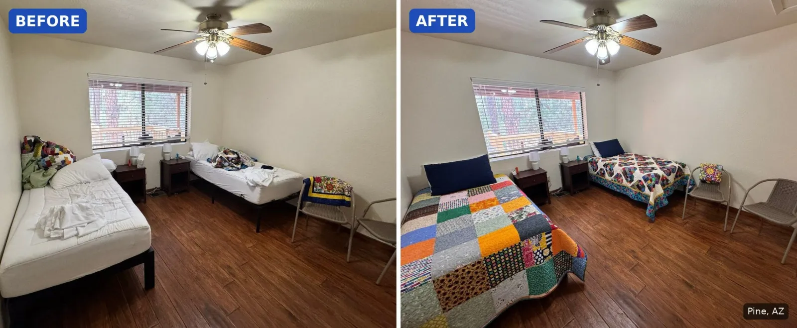 Before: Bedroom with stripped beds and used linens piled up before a cleaning in Pine, AZ. After: Same bedroom with both beds made with quilts after a cleaning in Pine, AZ.