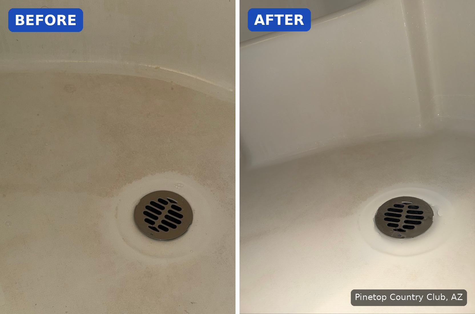 Before: Shower pan with brown soap scum around the drain in Pinetop Country Club, AZ. After: Same shower pan clean and white around the drain after a house cleaning in Pinetop Country Club, AZ.